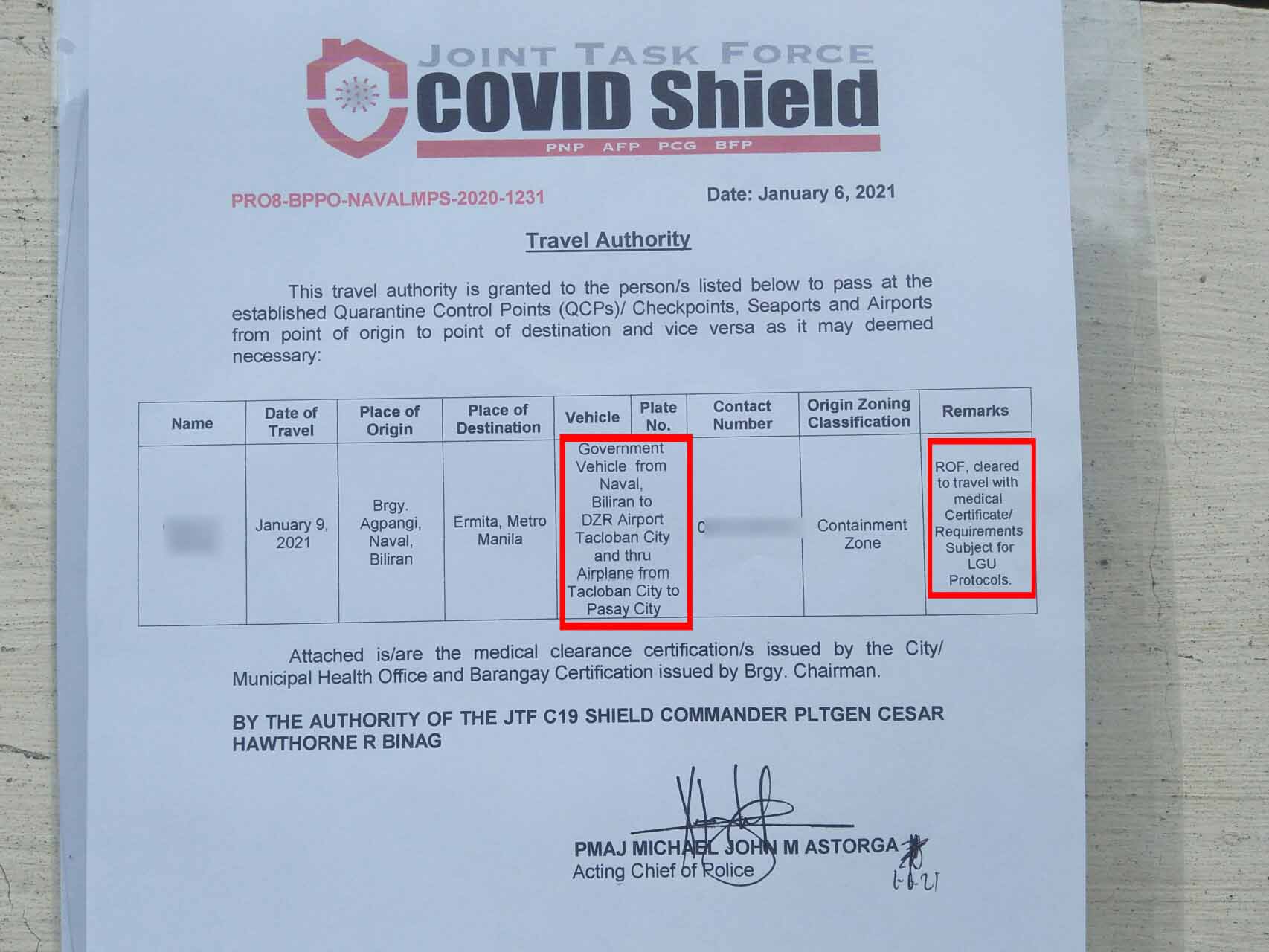 COVID Shield Travel Authority issued by the NTF ELCAC Joint Task Force.