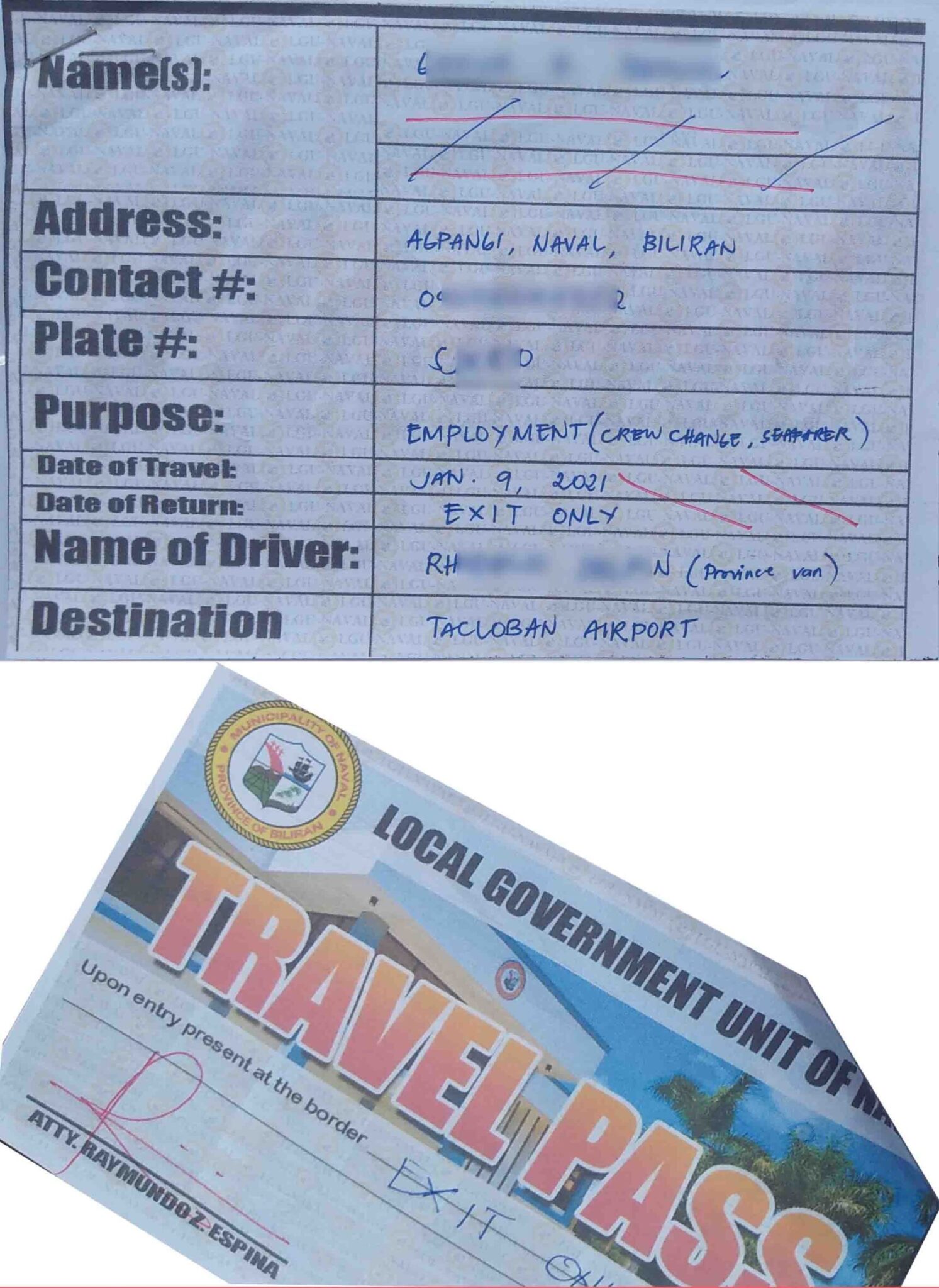 Travel Pass issued by LGU-Naval.