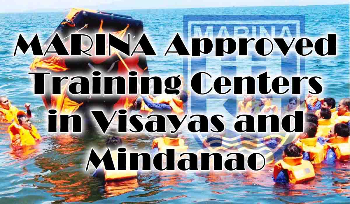 Cover photo of the article, "MARINA Approved Training Centers in Visayas and Mindanao" with a background of seafarers swimming in the water and a liferaft nearby.