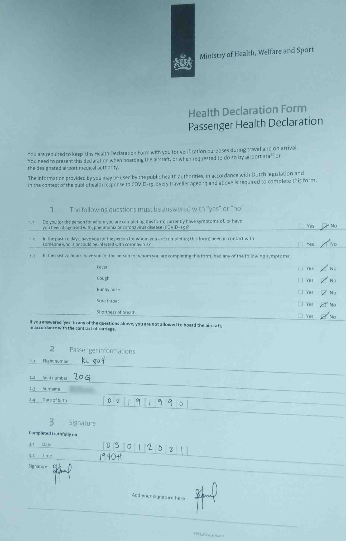 Passenger Health Declaration Form Amsterdam with the bearers personal information in handwritten format.
