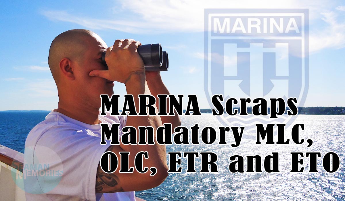 Feature image for the article, "MARINA Scraps MLC and OLC" showing a seafarer using a binocular while looking at other ships as the background.