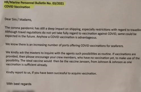 A letter from shipowners encouraging vessel crew to get the free COVID-19 vaccine.