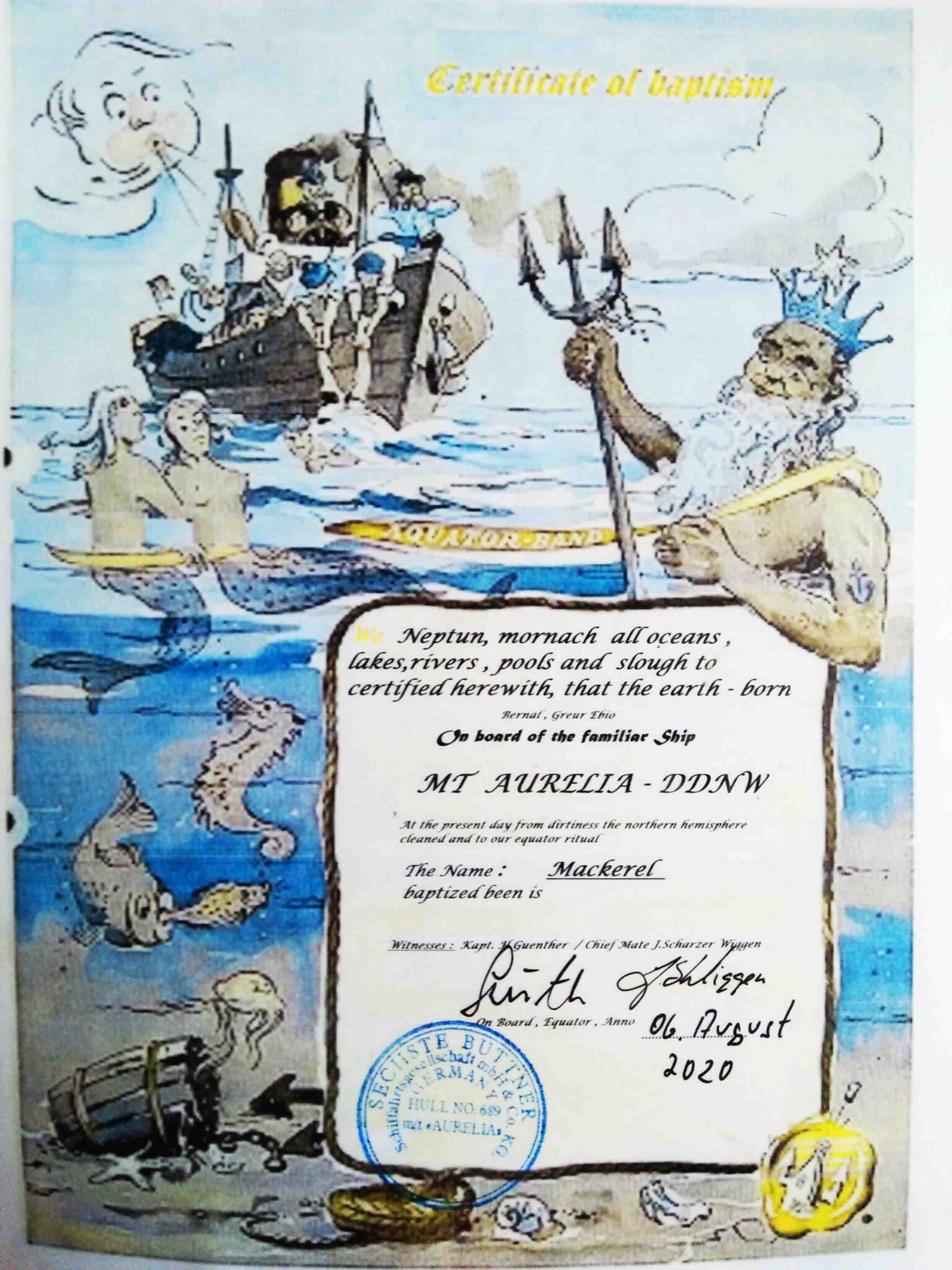 Certificate of Baptism showing our ship's name, callsign, new name, and date of crossing the Equator. This certificate is given after our line crossing ceremony.