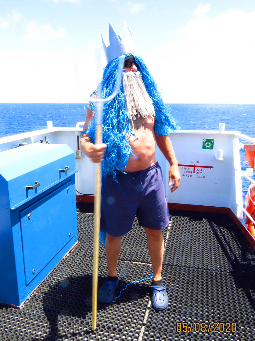 Poseidon with his Mighty Trident, glorious crown, ocean-blue hair, and foamy mane appearing on the Starboard Wing for our Line Crossing Ceremony.