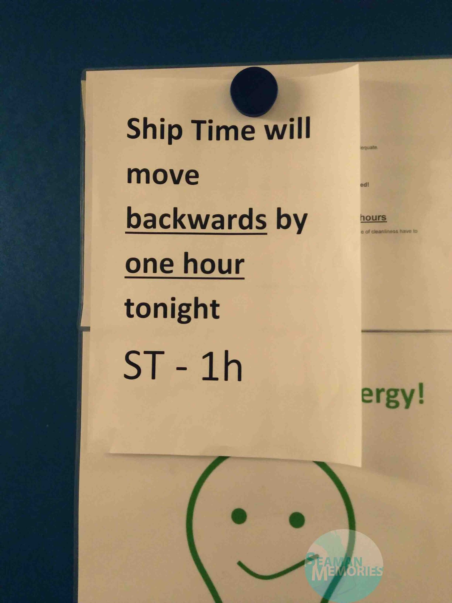 A poster announcement that the ship time will move backwards by 1 hour tonight.