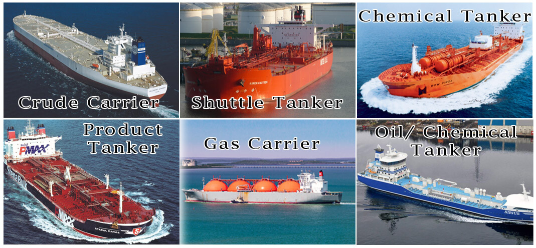 Liquid Cargo ships: Crude Carrier, Shuttle Tanker, Chemical Tanker, Product Tanker, Gas Carrier, Oil- Chemical Tanker
