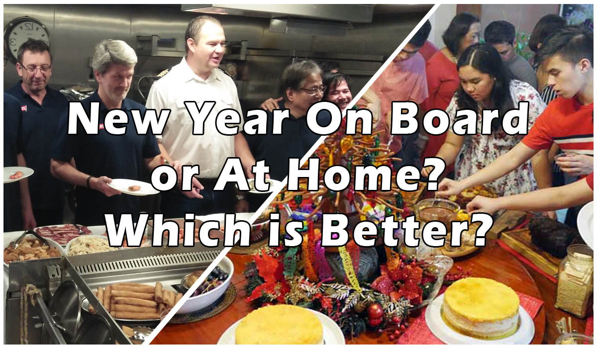 Feature image for my article, "New Year On Board or At Home Which One is Better" showing the crew on board a ship and a family at home both celebrating New Year.