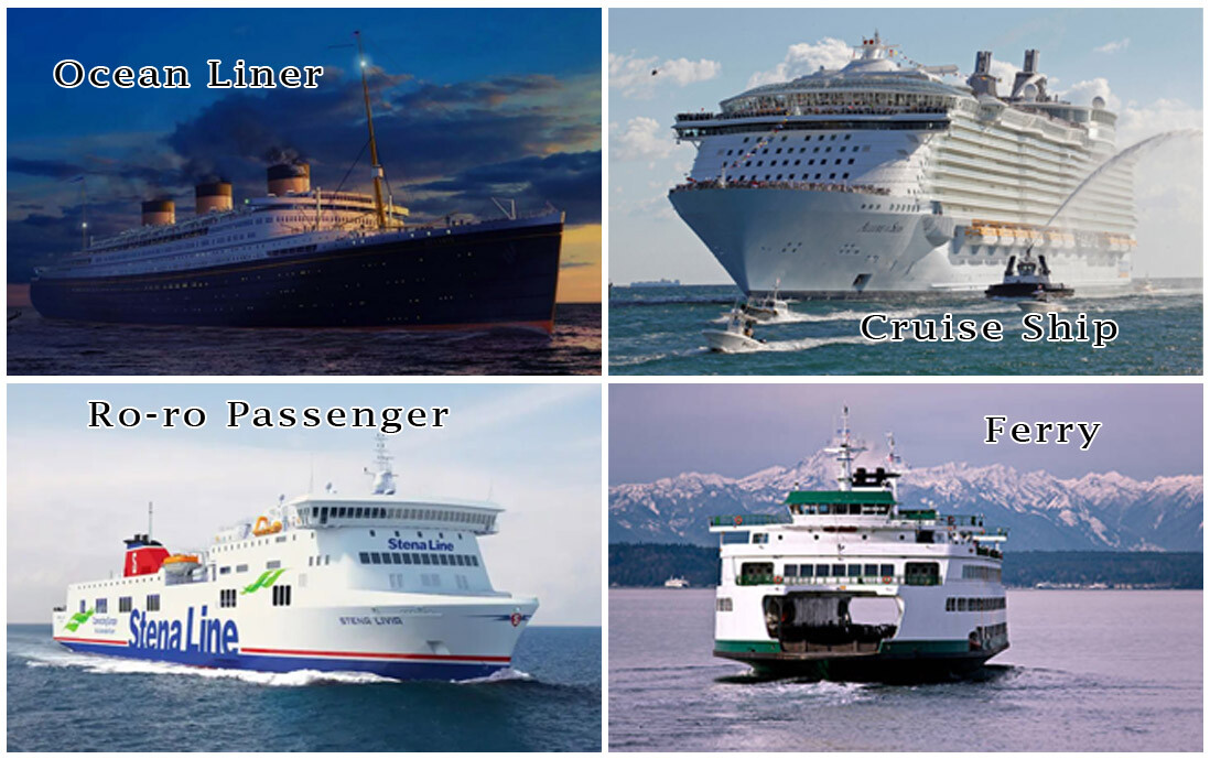 Merchant ship types: Ocean Liner, Cruise Ship, Ro-Ro Passenger Vessel and a Ferry.