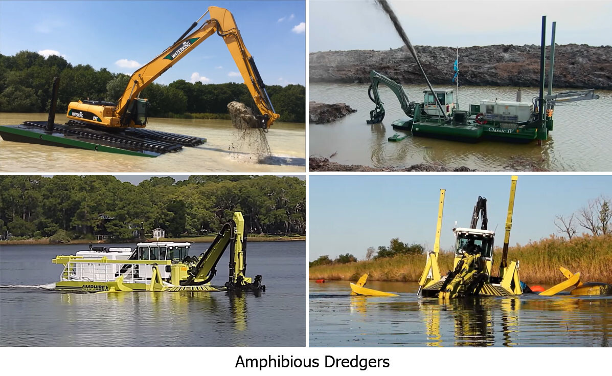 Various amphibious Dredgers performing dredging operations.