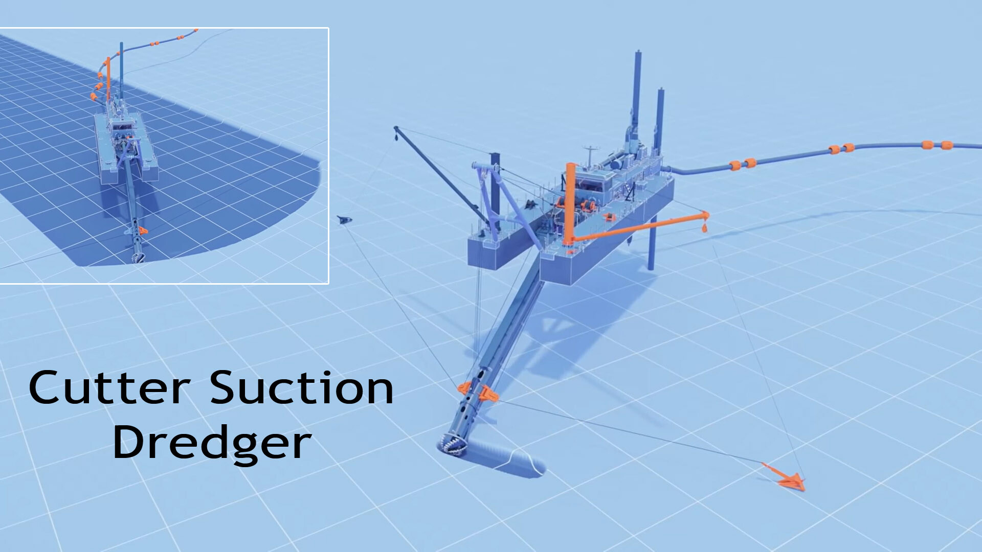 Cutter Suction Dredgers in operation showing its anchors on the seabed.