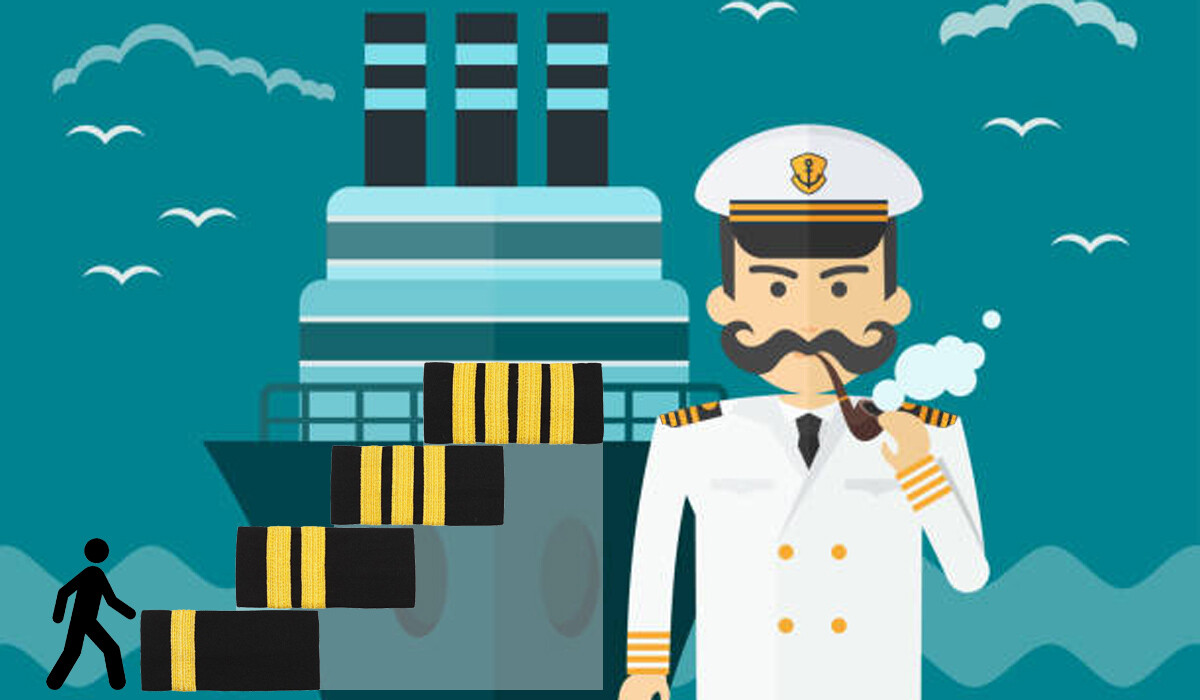 A vector image of a ship captain with a ship behind him and shoulder boards with bars representing he officer's ranks.