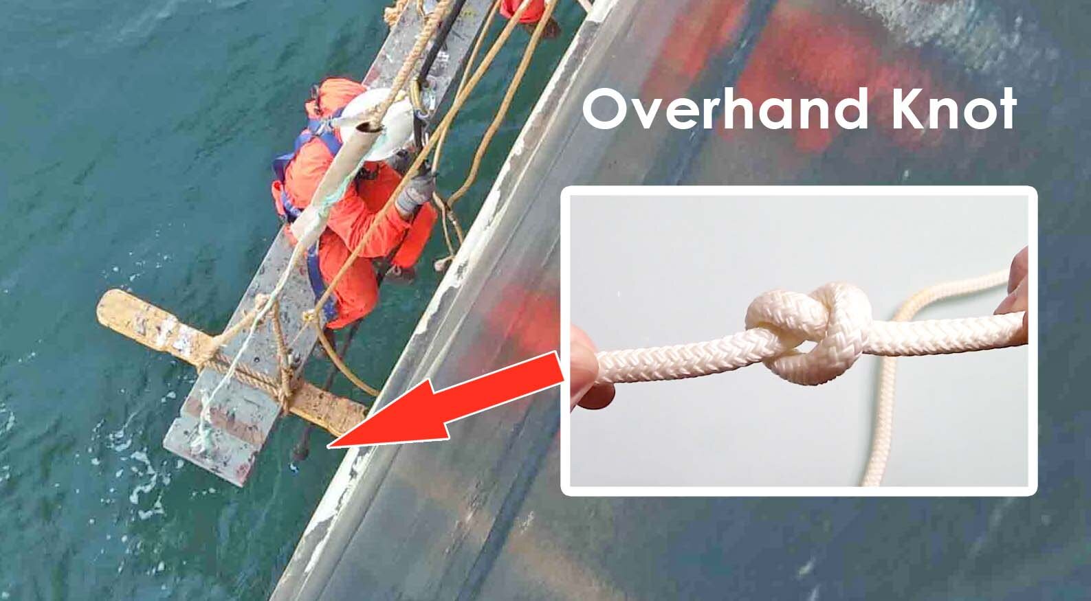Overhand Knot tied at the end of the lifeline of a seafarer working over the side of the ship.