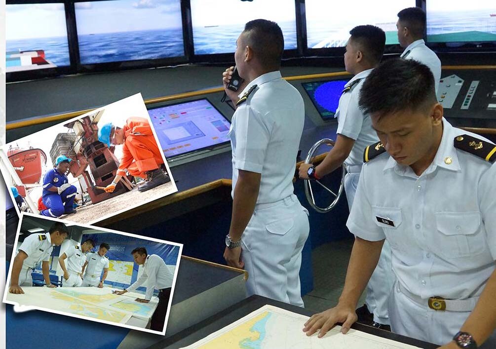 Maritime cadets making use of the school's full mission bridge simulator.