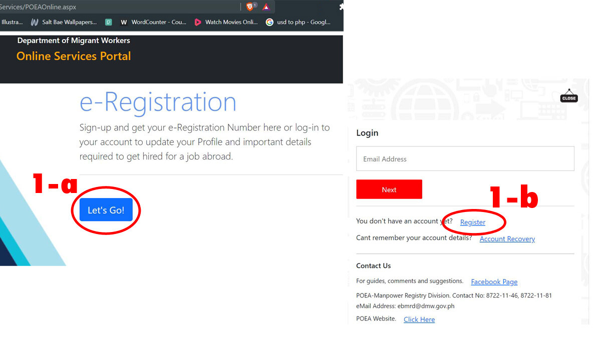 DMW eRegistration home page showing how to create and register an account.