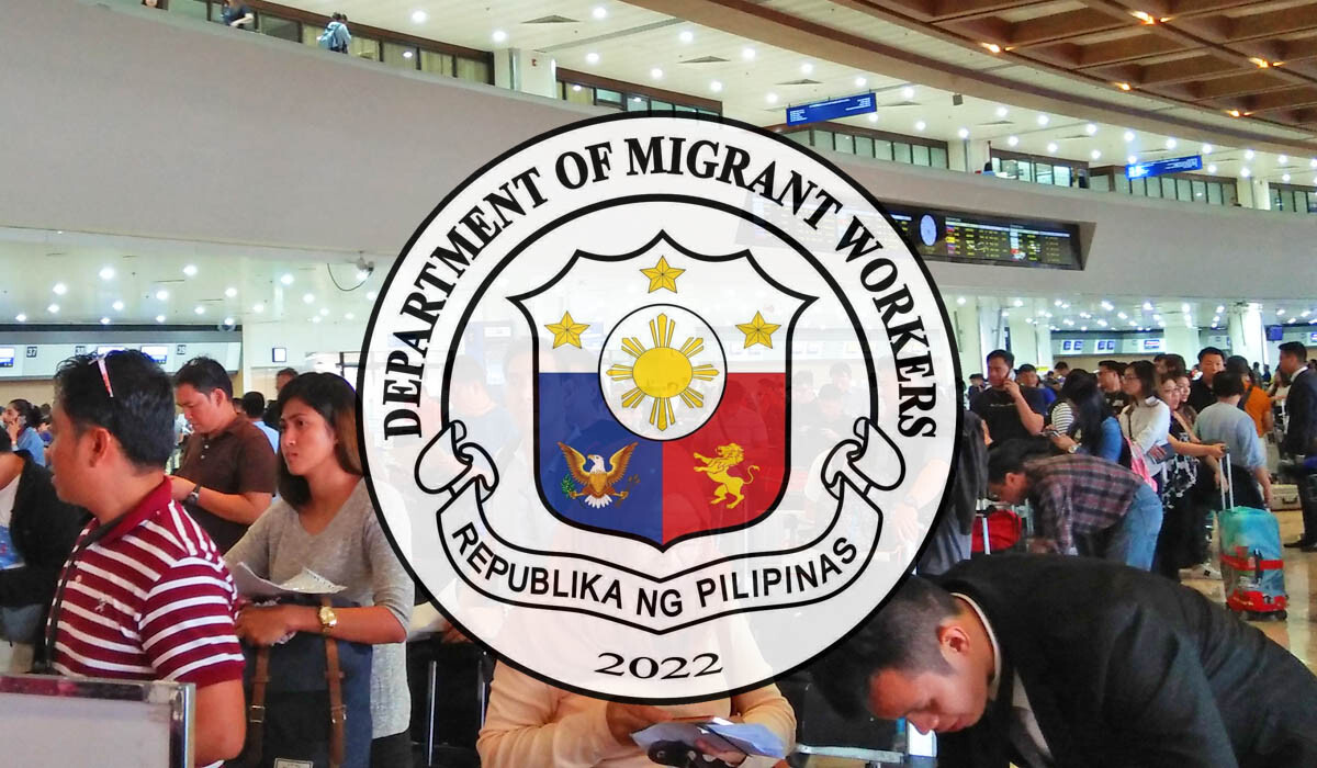 OFWs and seafarers inside the airport while a huge DMW logo is displayed in the foreground.