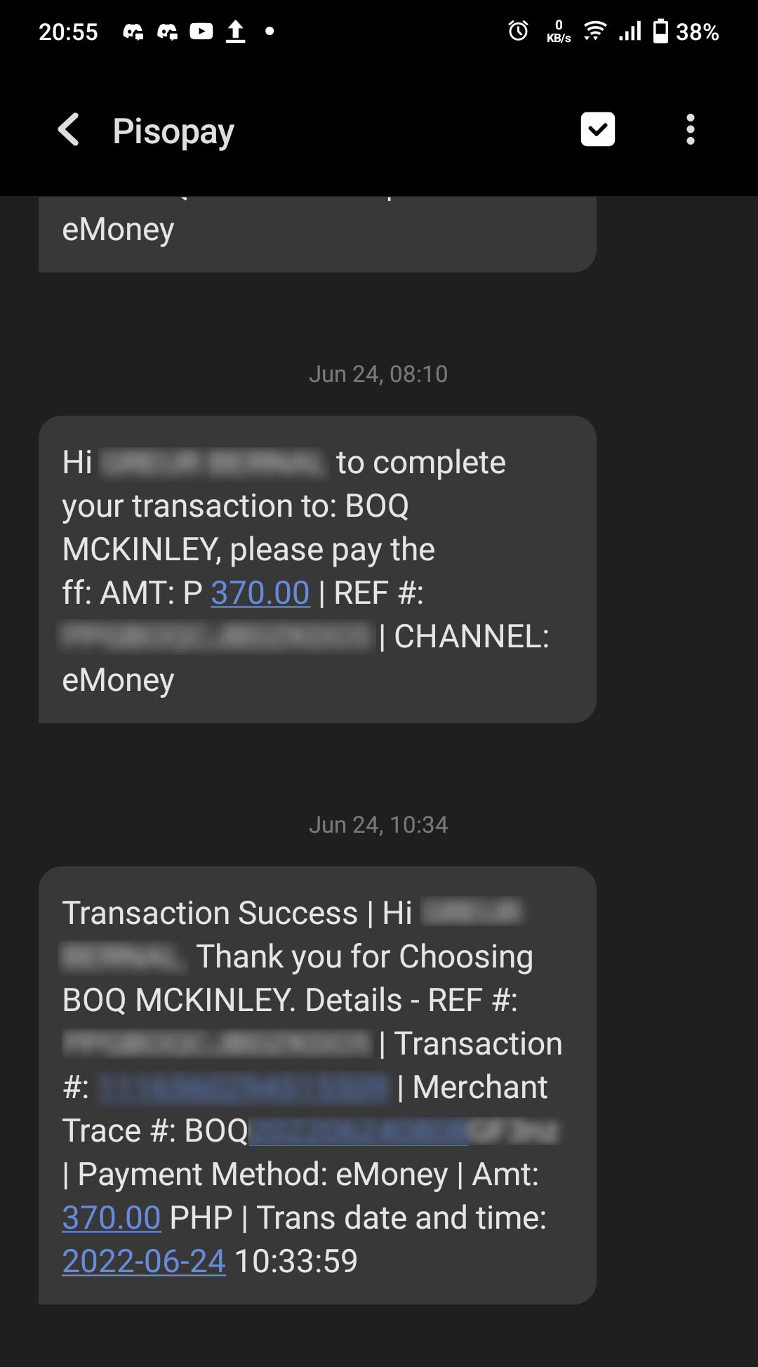 Pisopay SMS for the payment and acknowledgement receipt of payment of my BoQ ICV