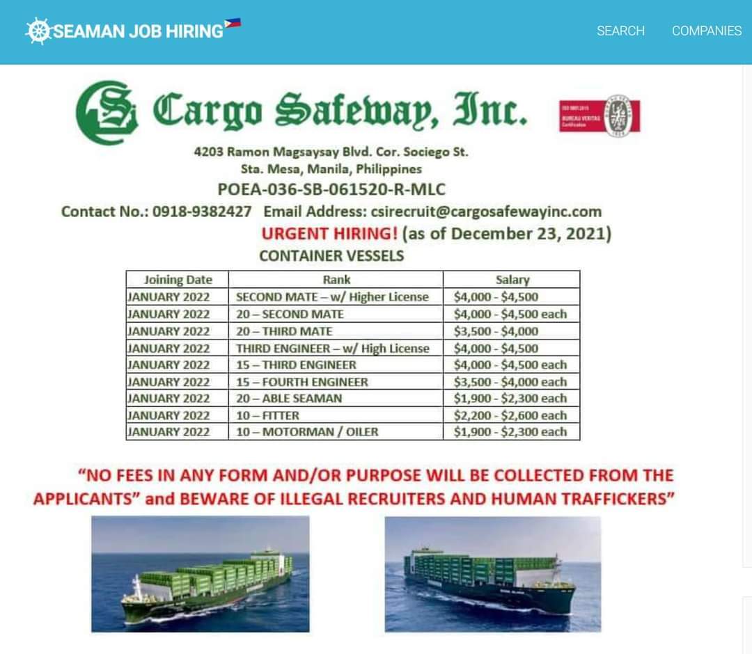 Job posting of Cargo Safeway, Inc. showing a Second Officer’s salary ranging from US$4,000 to US$4,500.