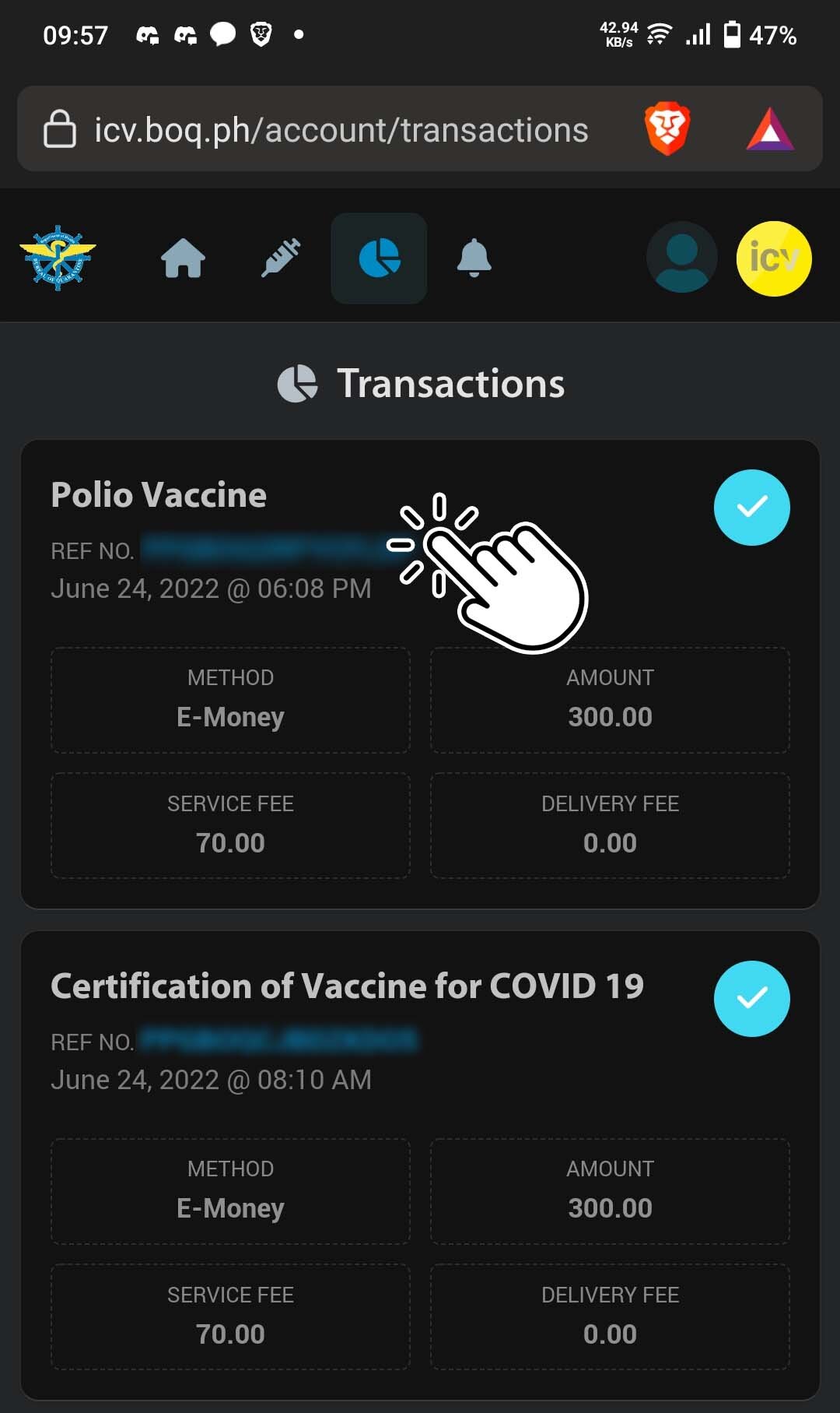 My Transactions Tab for my Polio Vaccine in my BoQ account.