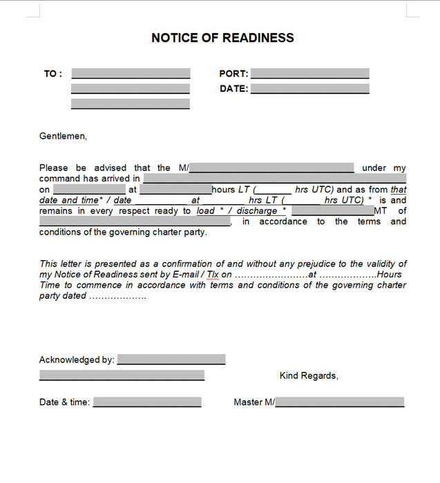 A template example of a Notice of Readiness