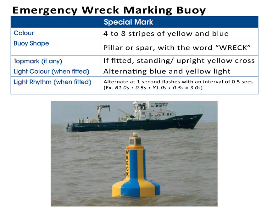A ship passing close by an Emergency Wreck Marking Buoy with yellow and blue stripes and a marking that says "WRECK".