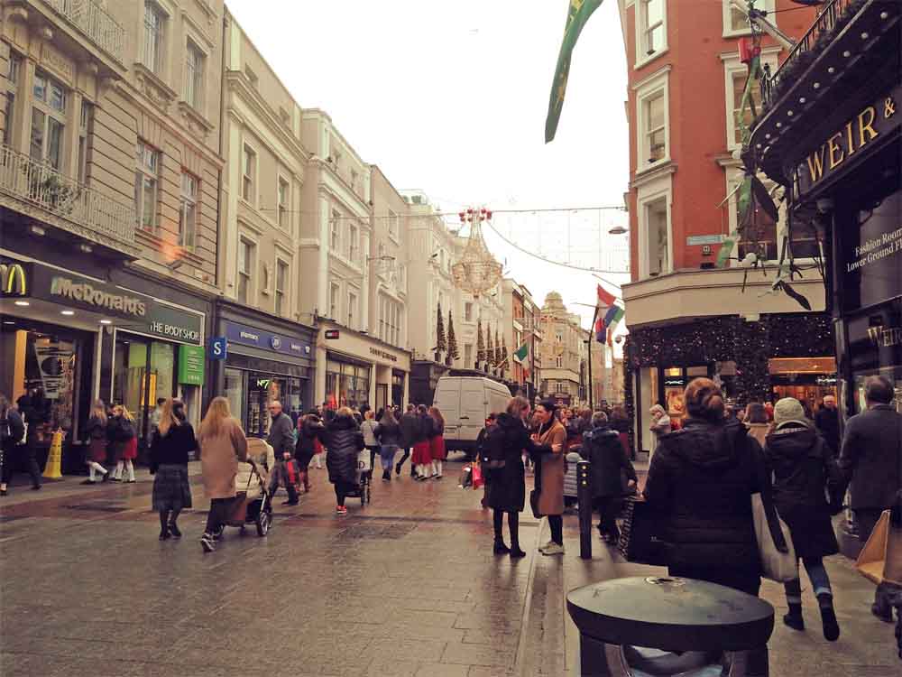 People on the streets during a holiday season in Dublin, Ireland.