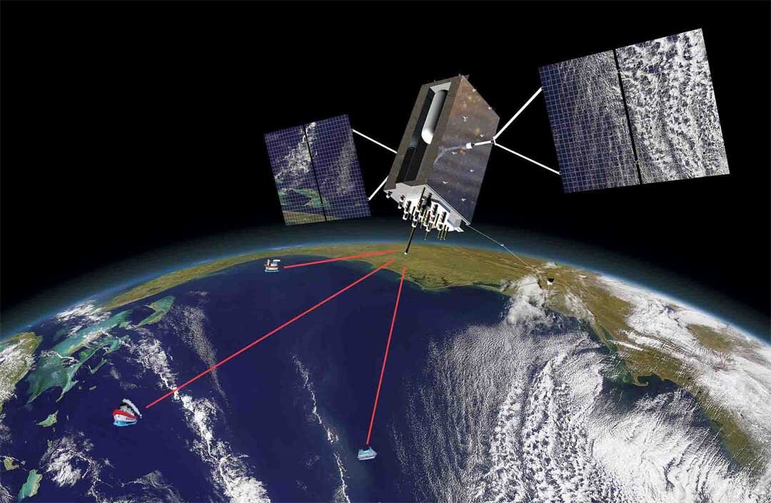 A satellite orbiting the earth sending and receiving signals on ships for position fixing.