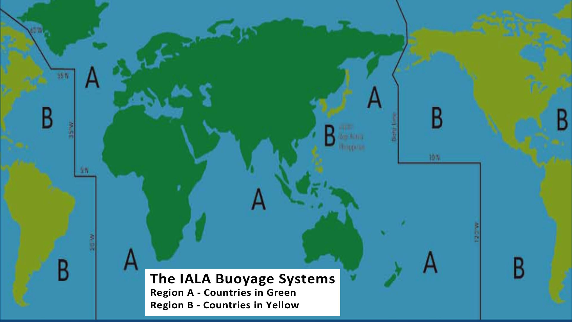 A map of the world showing which countries are using the The IALA Buoyage Systems A and B.