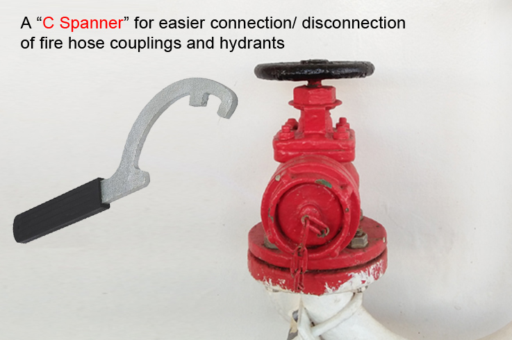 A C spanner and a red fire hydrant of a vessel.