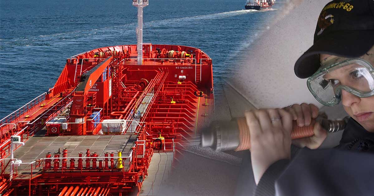 An orange tanker ship sailing overlayed beside it with a woman sailor using a needle gun scaler.