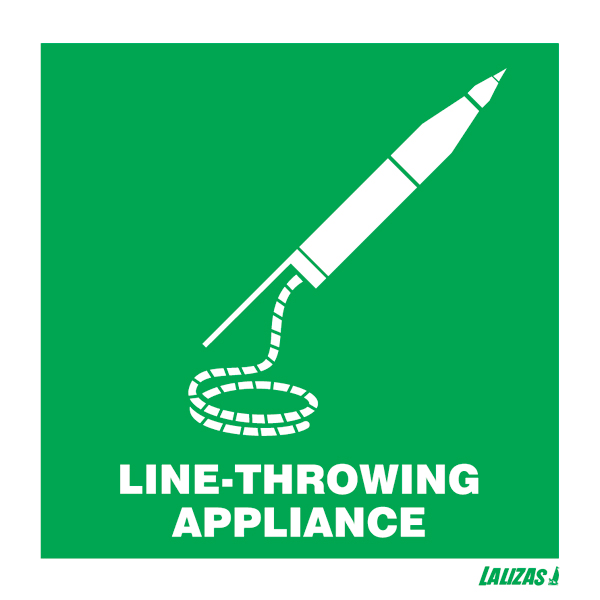 IMO Symbol for Line-Throwing Apparatus consisting of a rocket with rope in white color and green background.