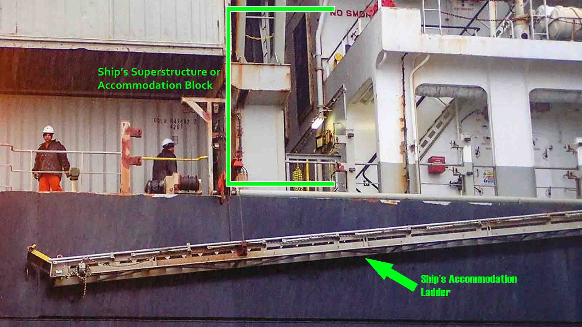 Crew preparing to rig the accommodation ladder. The ladder is located near the ship's accommodation block.