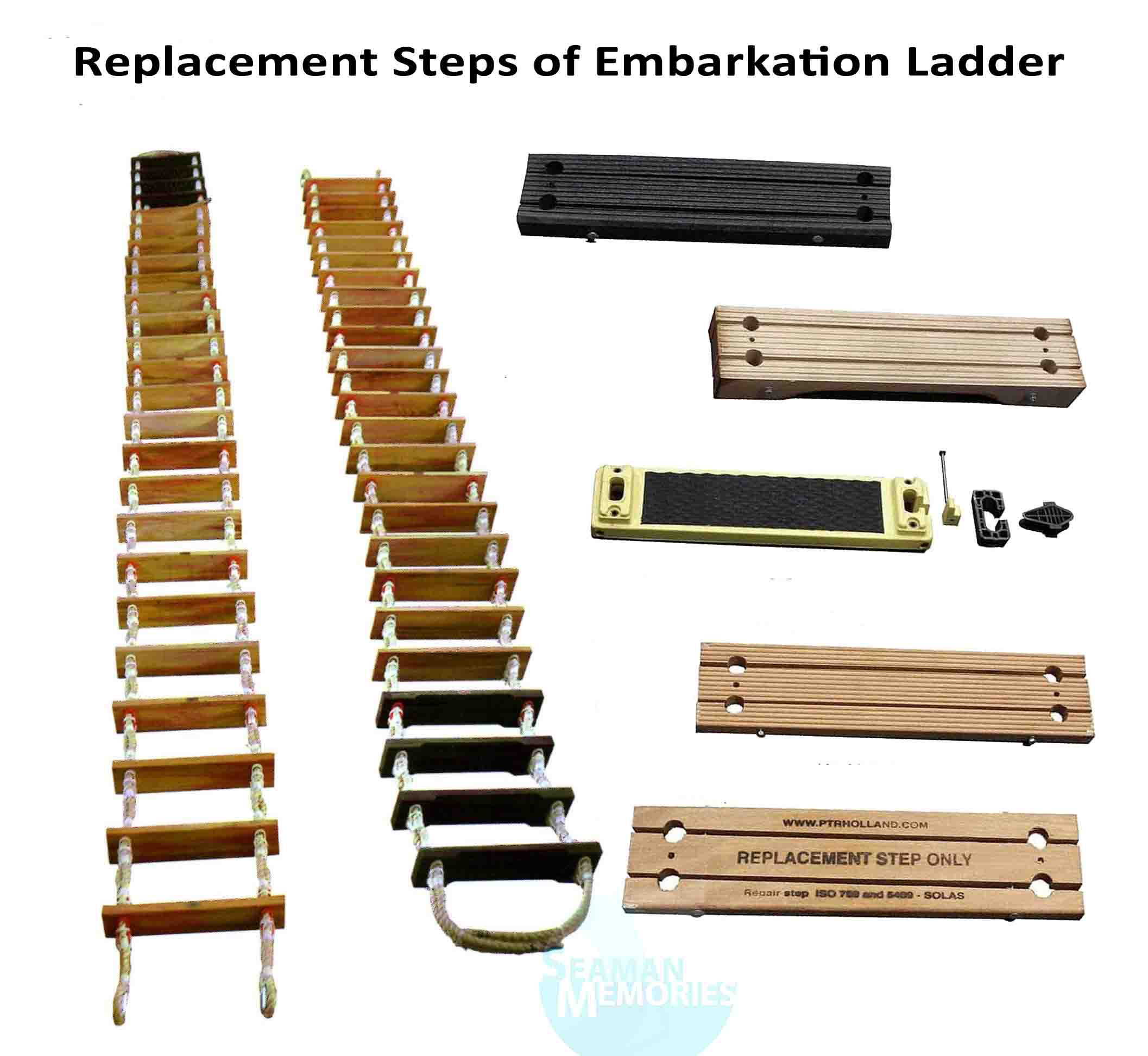 Replacement steps of embarkation ladder made of wood and rubber.