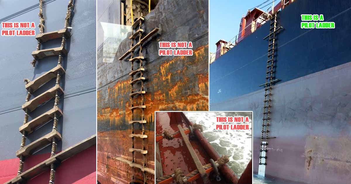 Examples of pilot ladders rigged by the ship's crew but have damage and not safe for use. Only one is the right one.