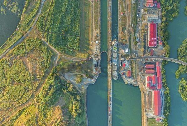A Panamax bulk carrier leaving the Miraflores Lock in Panama Canal.