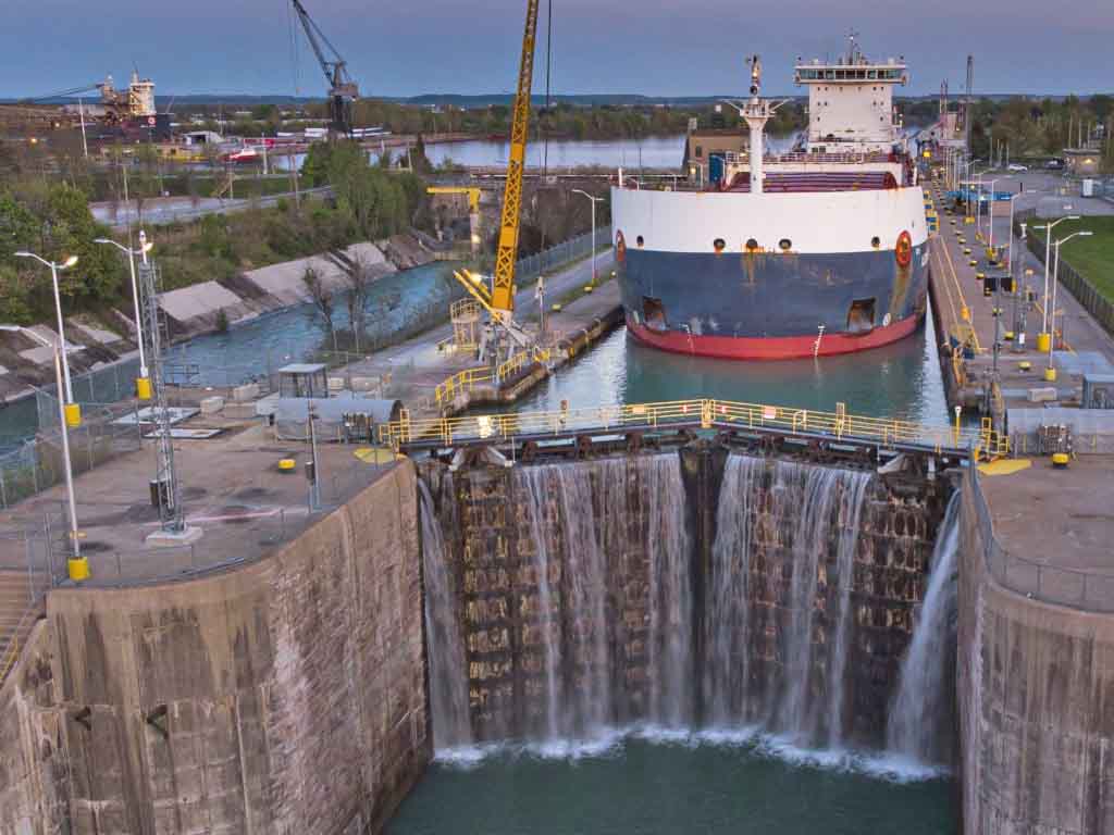 Seawaymax bulker inside the lock of St. Lawrence Seaway.