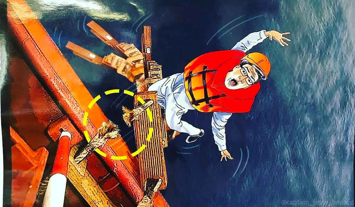 A person falling into the water while climbing the ship's pilot ladder.