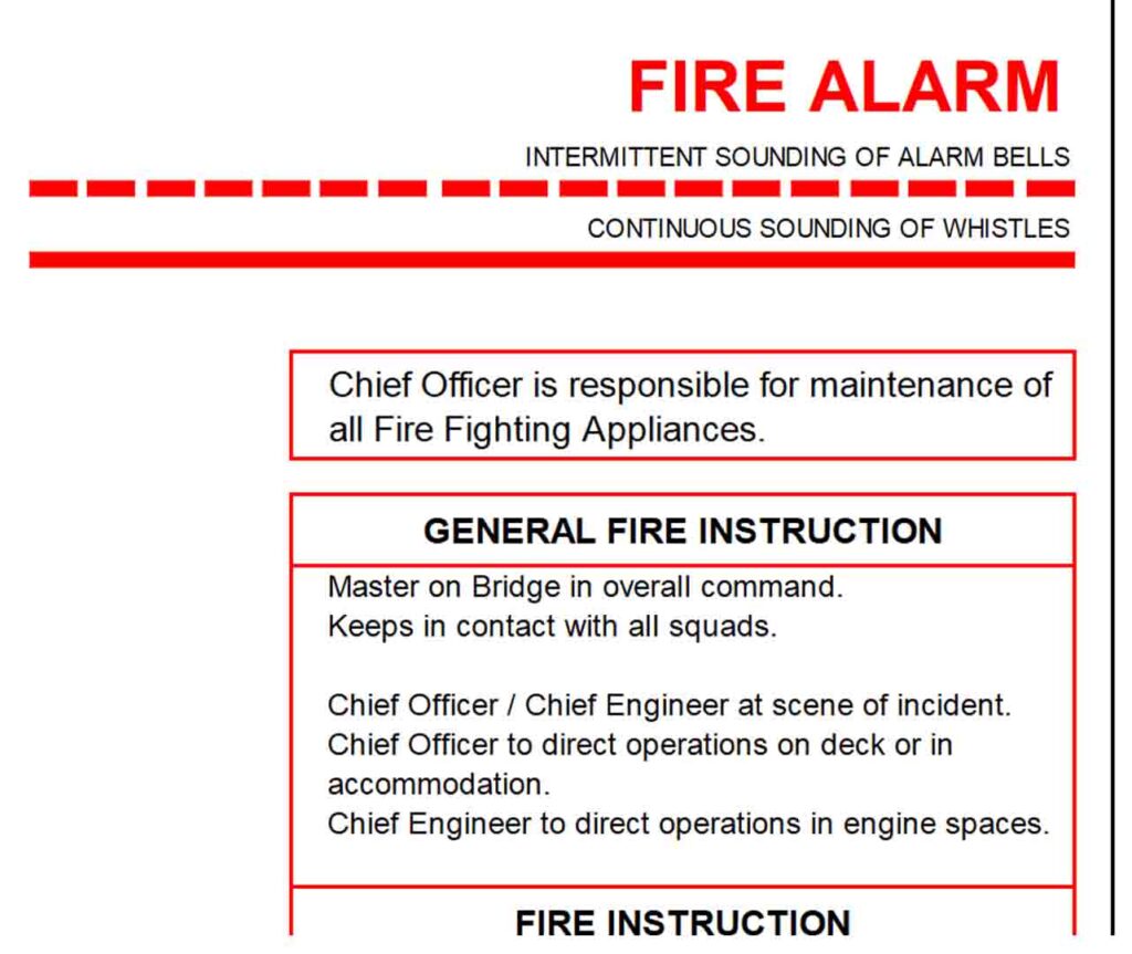Fire alarm signal. Intermittent sounding of alarm bells together with the continuous sounding of the ship's whistle.