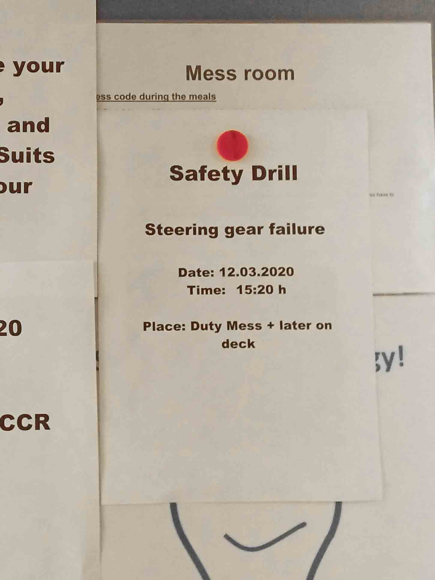 A drill schedule for steering gear failure posted on the door of the mess room.