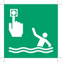 Man overboard IMO signage consisting of white figure of a person on the water and a hand pressing an alarm all having a green background.