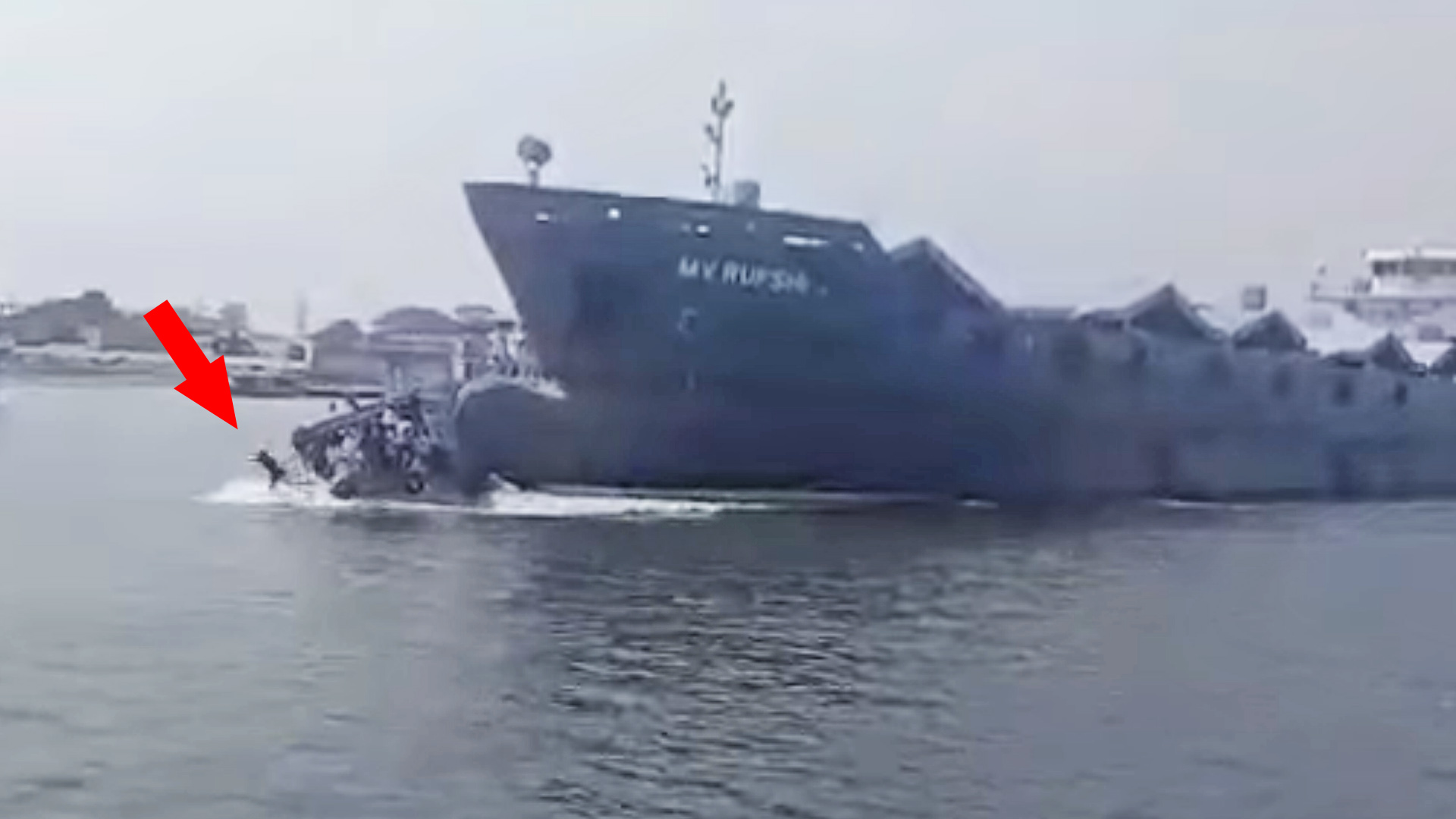 Ferry struck by a Cargo ship thrusting her 500 meters while some passengers jumped overboard before sinking.