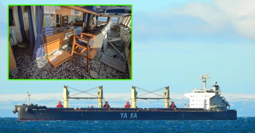 Broken windshield and damaged bridge of the Panamax cargo vessel Yasa Jupiter.