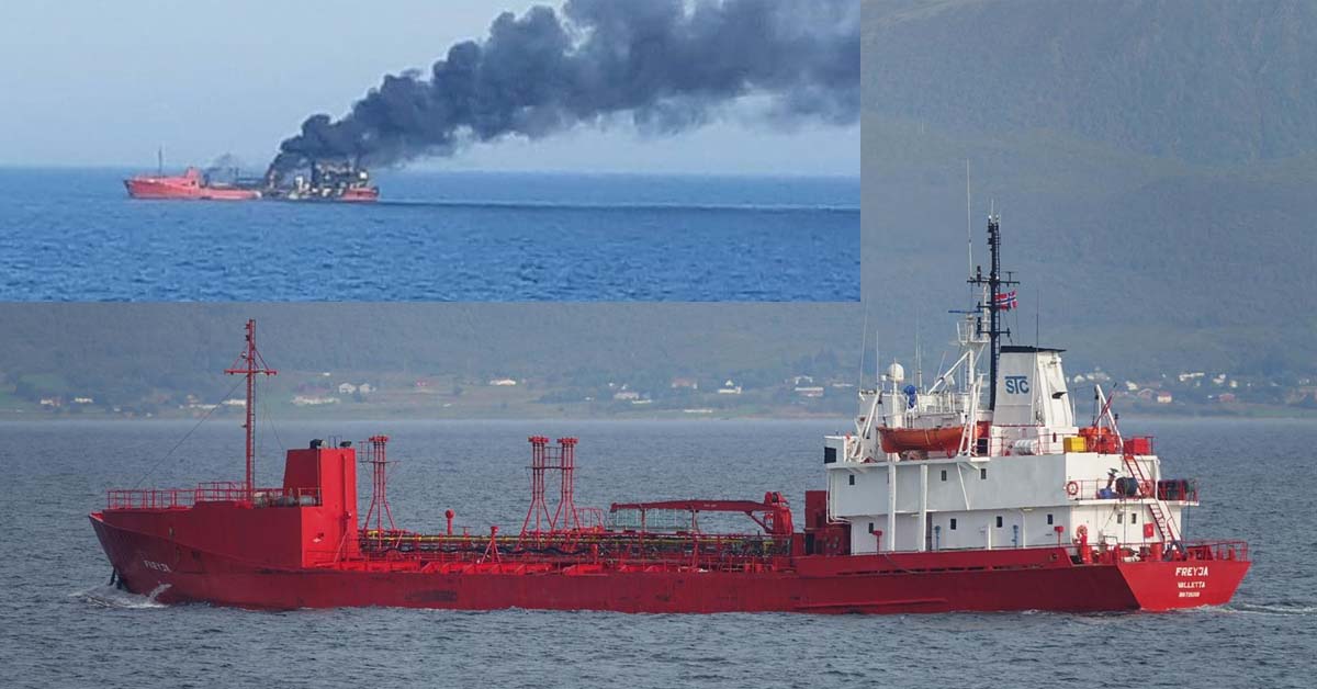Chemical tanker Millennial Spirit smoking in flames after getting hit by Russian shells.