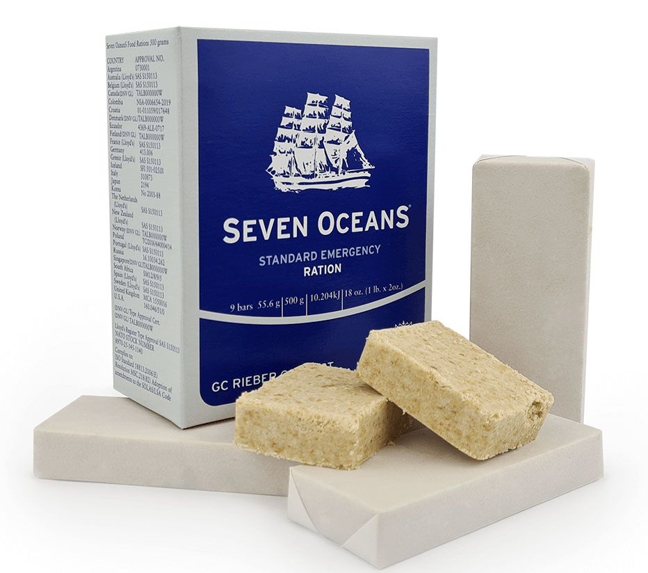 A food ration with the brand Seven Oceans is part of lifeboat equipment stored inside the boat.
