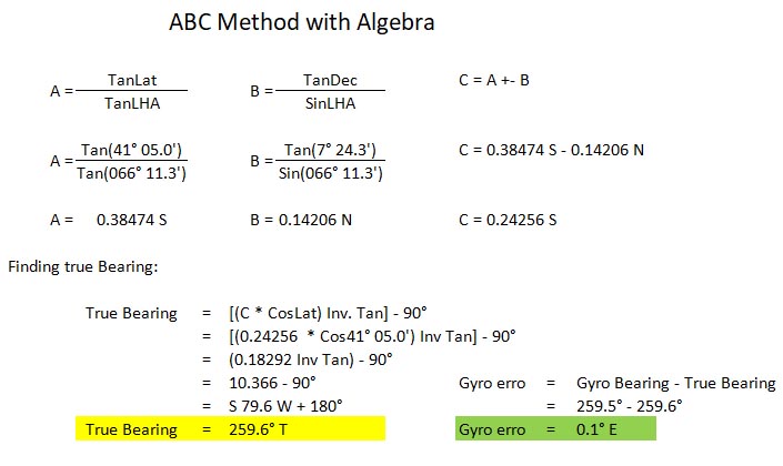 A calculation for finding the true bearing of a celestial body using algebra to get the ABC values.