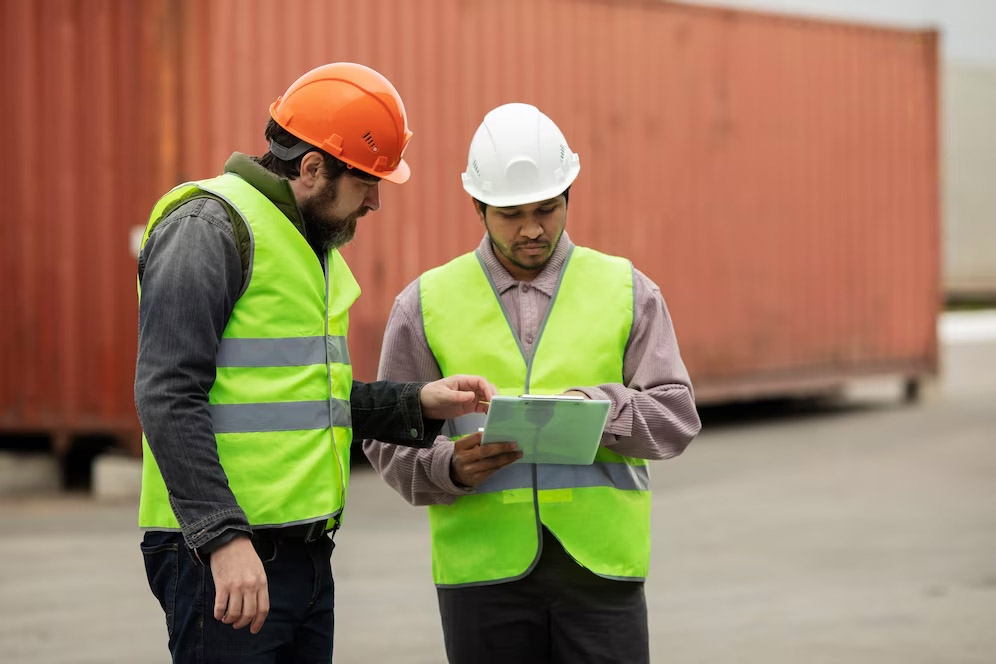 Two cargo surveyors closely watching the cargo documents in a container terminal.
