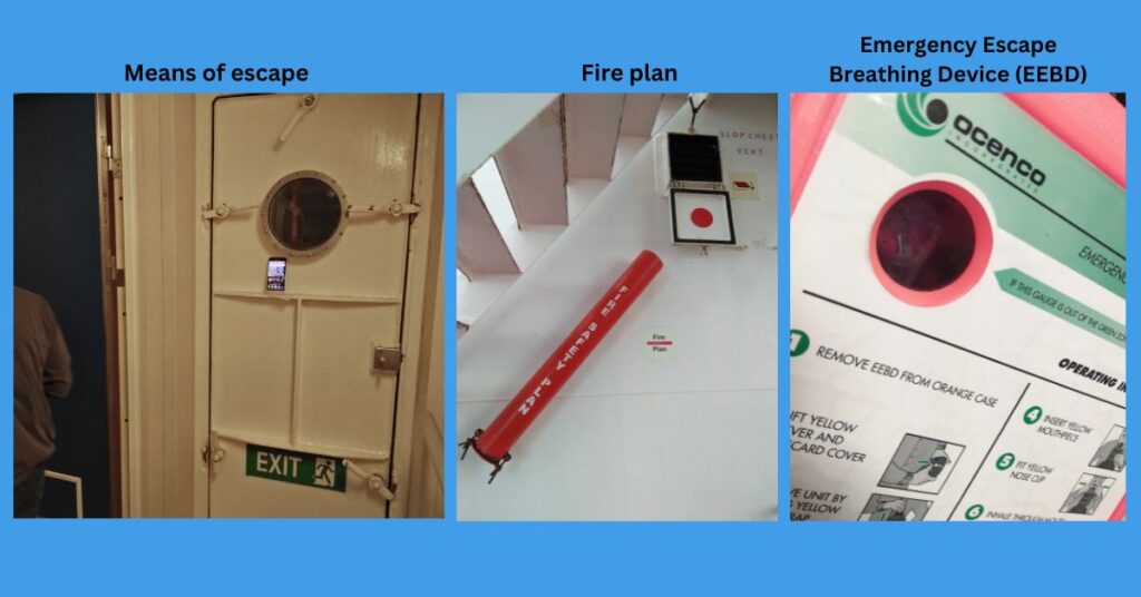 Emergency escape door, fire safety plan, and Emergency Escape Breathing Device (EEBD).