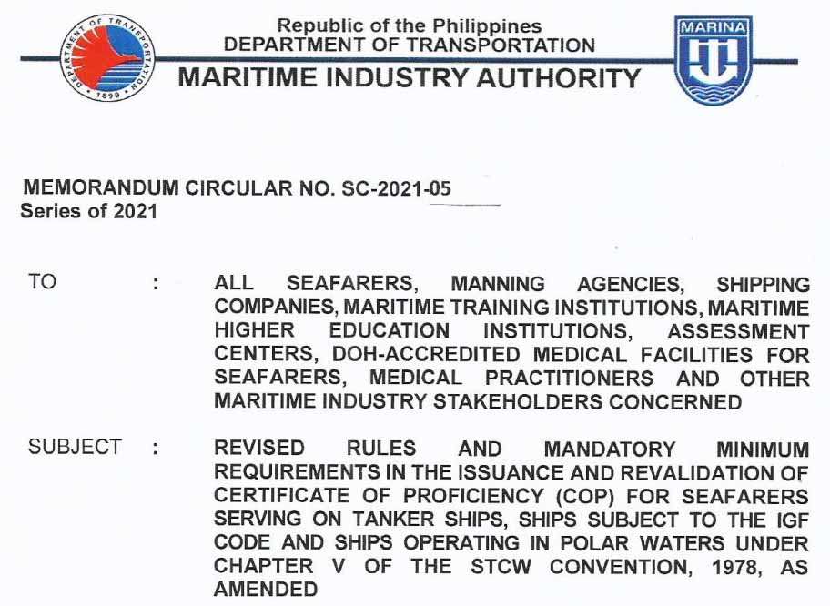 MARINA Circular Number SC - 2021 - 05. Revise rules and the mandatory minimum  requirements in the issuance and revalidation of COP for seafarers working on tankers and operating in polar waters.