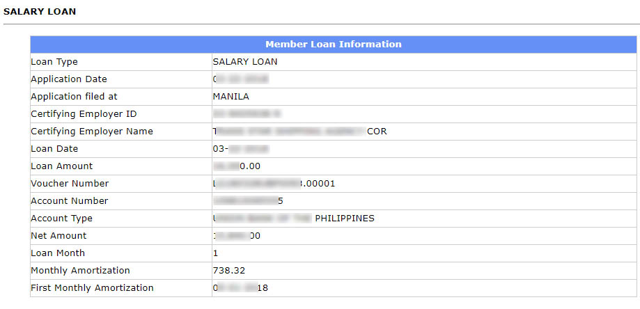 Member loan information for a salary loan of a seafarer detailing his loan type, application date, loan amount, employer name, and monthly amortization.