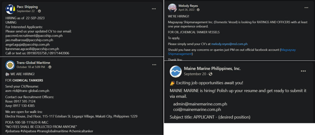 Compilation of screenshots regarding seamen job hiring posts in 2023 where recruiters encourage their applicants to submit their CV and application letters online.
