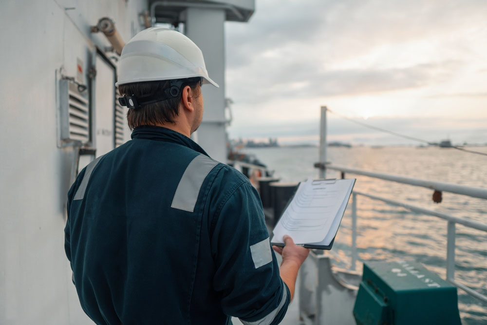 A ship officer checking for breaches while holding a security checklist.